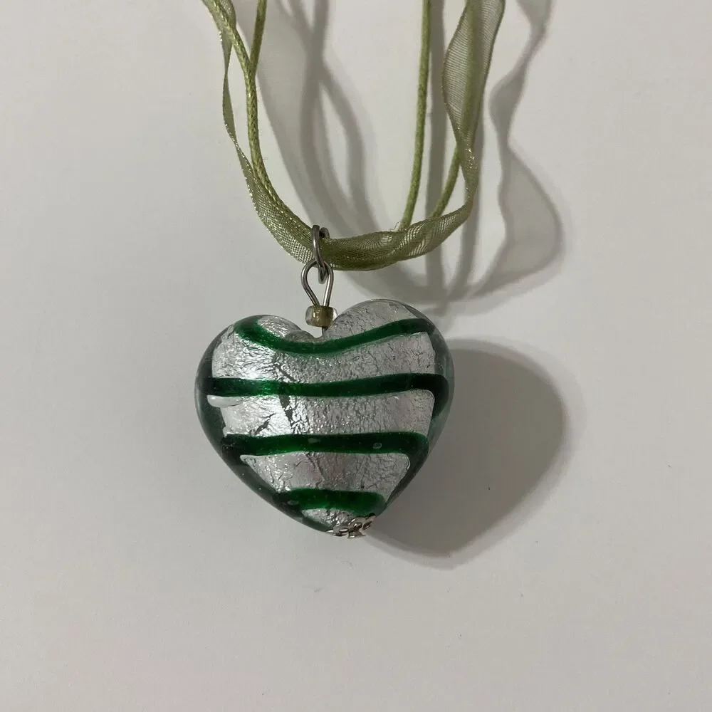 Puffy Solid Glass Heart Green Swirl Sheer Ribbon Silver Toned Foil Necklace